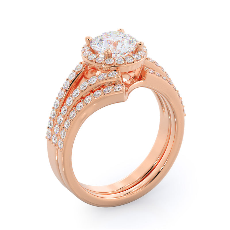 Opening Twist Halo Diamond Wedding Band with 18KT Rose Gold Cut Diamond in 14KT Rose Gold view 3
