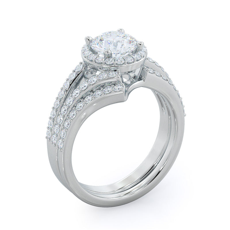 Opening Twist Halo Diamond Wedding Band with Platinum Cut Diamond in 14KT Platinum view 3
