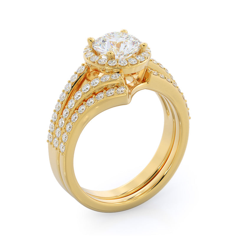 Opening Twist Halo Diamond Wedding Band with 18KT Yellow Gold Cut Diamond in 14KT Yellow Gold view 3
