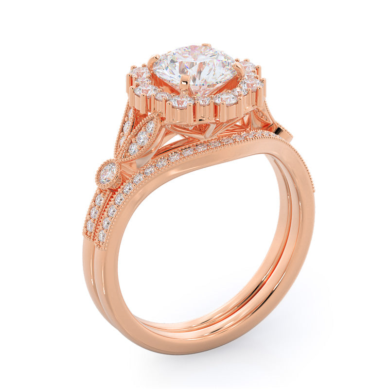 Vintage Leaf Halo Diamond Wedding Band with 18KT Rose Gold Cut Diamond in 14KT Rose Gold view 3
