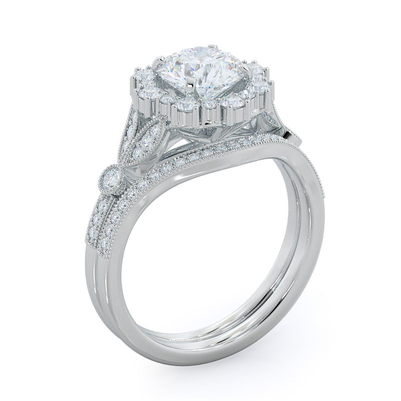 Vintage Leaf Halo Diamond Wedding Band with Platinum Cut Diamond in 14KT Platinum view 3
