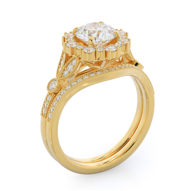 Vintage Leaf Halo Diamond Wedding Band with 18KT Yellow Gold Cut Diamond in 14KT Yellow Gold view 3
