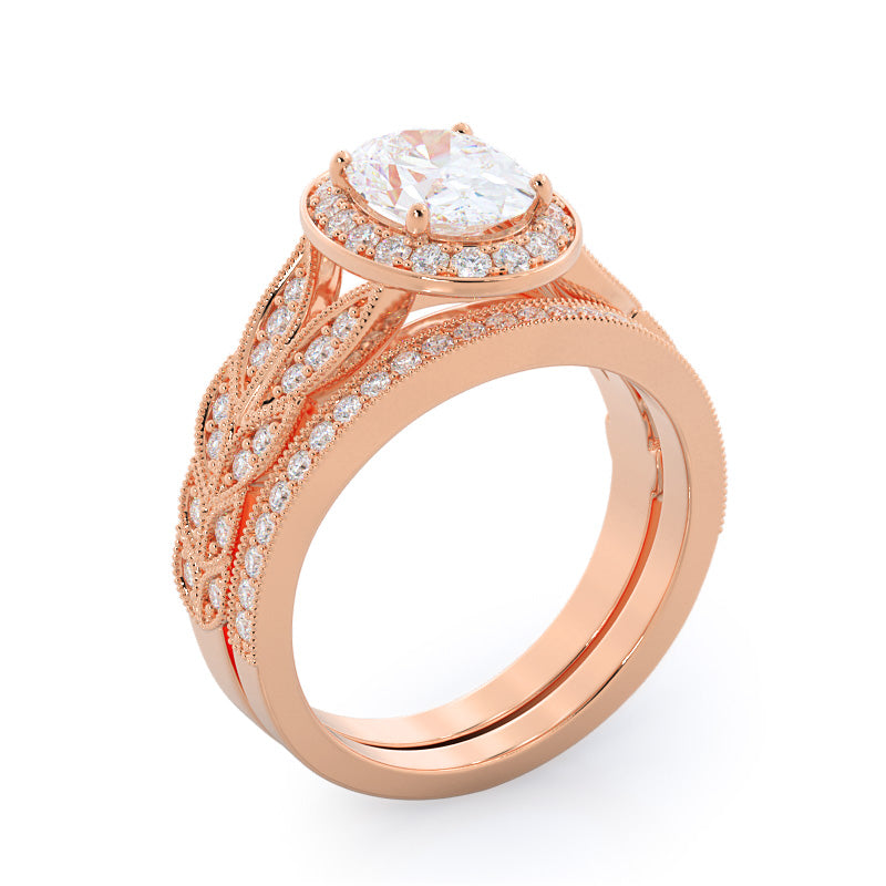 Vintage Milgrain Halo Diamond Wedding Band with 18KT Rose Gold Cut Diamond in 14KT Rose Gold view 3
