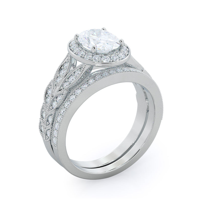 Vintage Milgrain Halo Diamond Wedding Band with Platinum Cut Diamond in 14KT Platinum view 3
