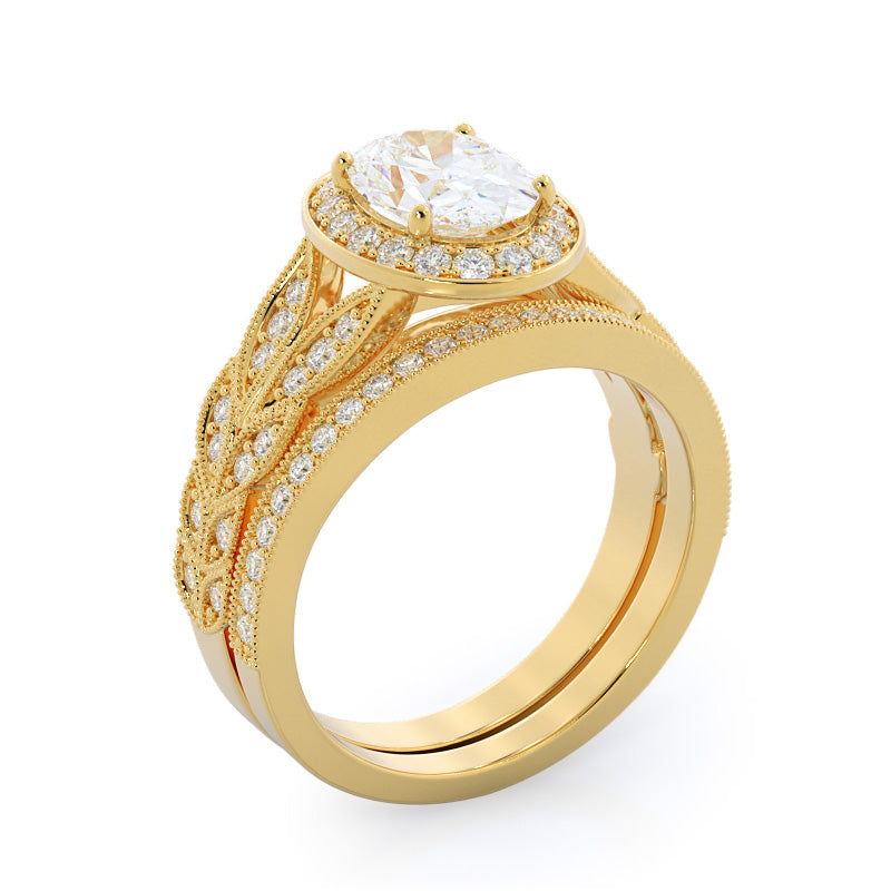 Vintage Milgrain Halo Diamond Wedding Band with 18KT Yellow Gold Cut Diamond in 14KT Yellow Gold view 3
