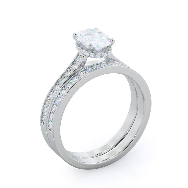 Walled Pave Hidden Halo Diamond Wedding Band with Platinum Cut Diamond in 14KT Platinum view 3
