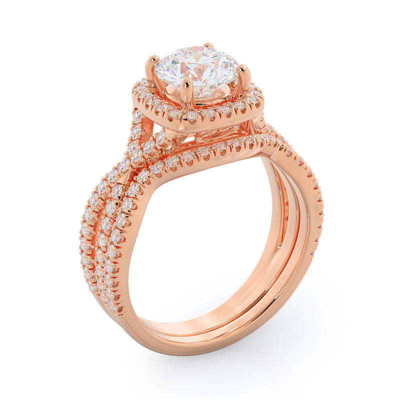 Twisting Split Shank Halo Wedding Band with 18KT Rose Gold Cut Diamond in 14KT Rose Gold view 3
