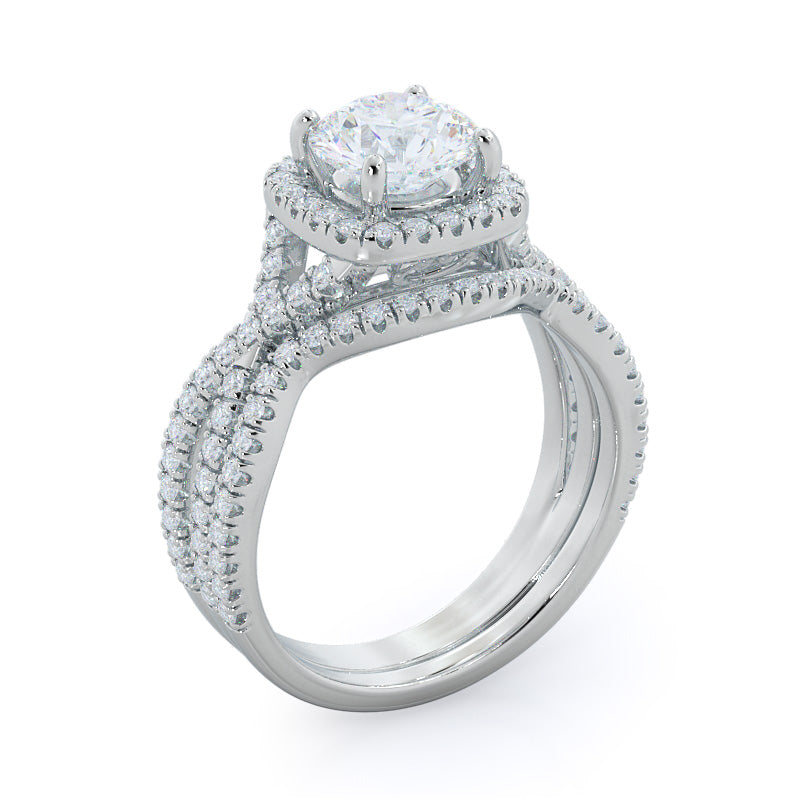 Twisting Split Shank Halo Wedding Band with Platinum Cut Diamond in 14KT Platinum view 3
