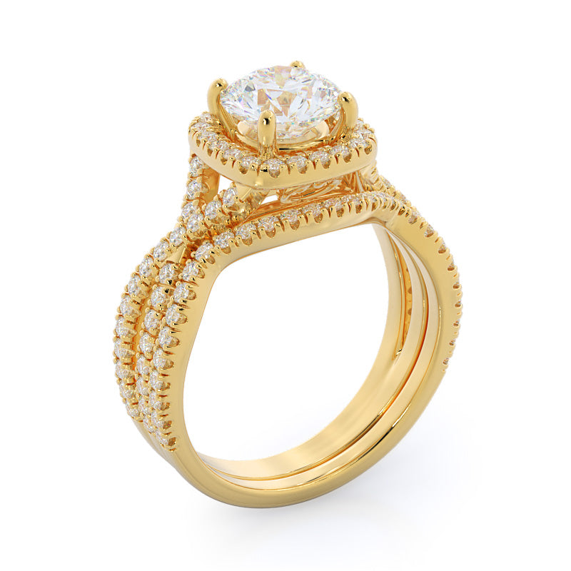 Twisting Split Shank Halo Wedding Band with 18KT Yellow Gold Cut Diamond in 14KT Yellow Gold view 3
