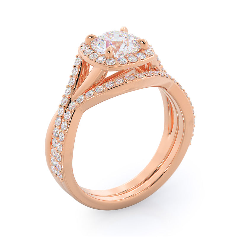 Swaying Split Shank Halo Diamond Wedding Band with 18KT Rose Gold Cut Diamond in 14KT Rose Gold view 3
