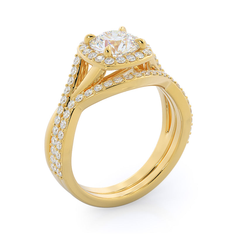 Swaying Split Shank Halo Diamond Wedding Band with 18KT Yellow Gold Cut Diamond in 14KT Yellow Gold view 3
