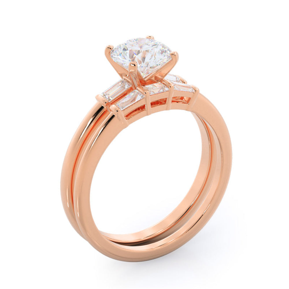 Oval Cut Three Stone Baguette Engagement Ring with Lab Grown Diamond in 14KT Rose Gold view 7
