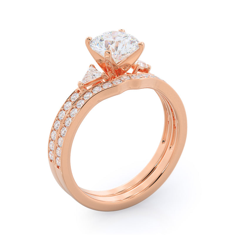 Triangular Three Stone Diamond Wedding Band with 18KT Rose Gold Cut Diamond in 14KT Rose Gold view 3
