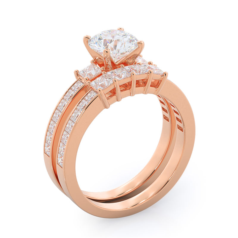 Three Stone Princess Studded Engagement Ring with Oval Cut Diamond in 14KT Rose Gold view 4
