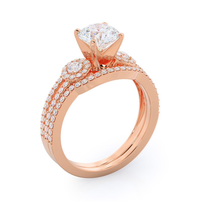 Accent Halo Three Stone Diamond Wedding Band with 18KT Rose Gold Cut Diamond in 14KT Rose Gold view 3
