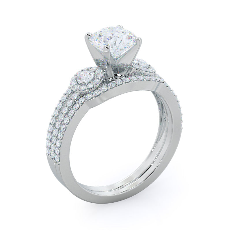 Accent Halo Three Stone Diamond Wedding Band with Platinum Cut Diamond in 14KT Platinum view 3
