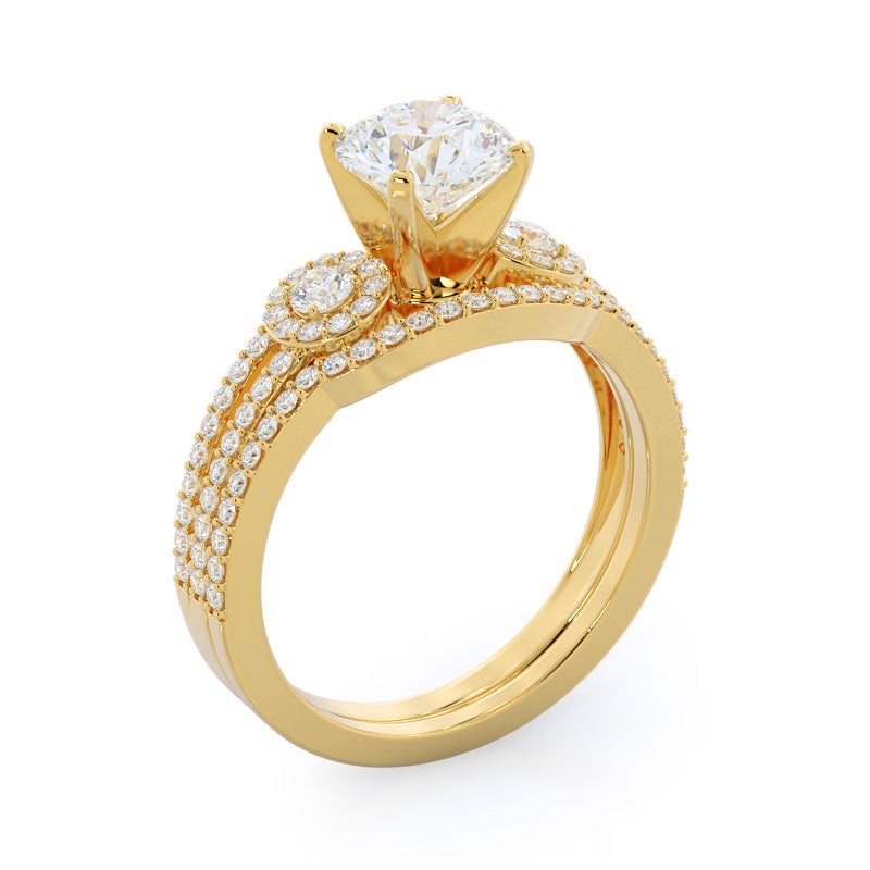 Accent Halo Three Stone Diamond Wedding Band with 18KT Yellow Gold Cut Diamond in 14KT Yellow Gold view 3

