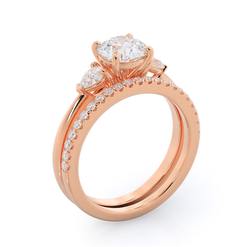 Three Stone Pear Engagement Ring with Round Cut Diamond in 14KT Rose Gold view 4
