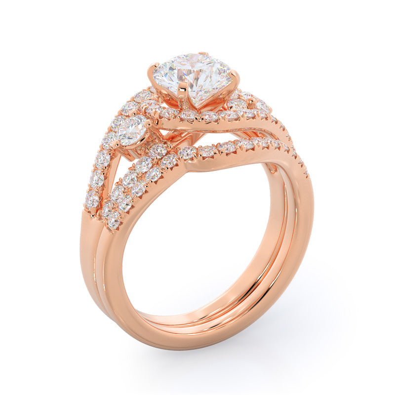 Twisting Halo Tristone Diamond Wedding Band with 18KT Rose Gold Cut Diamond in 14KT Rose Gold view 3
