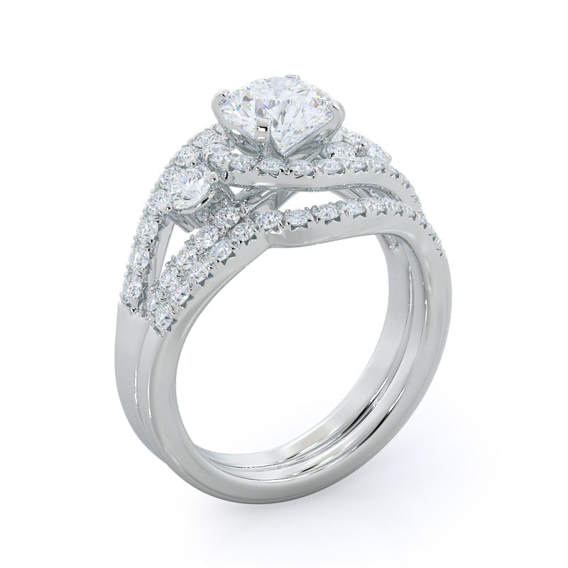 Twisting Halo Tristone Diamond Wedding Band with Platinum Cut Diamond in 14KT Platinum view 3
