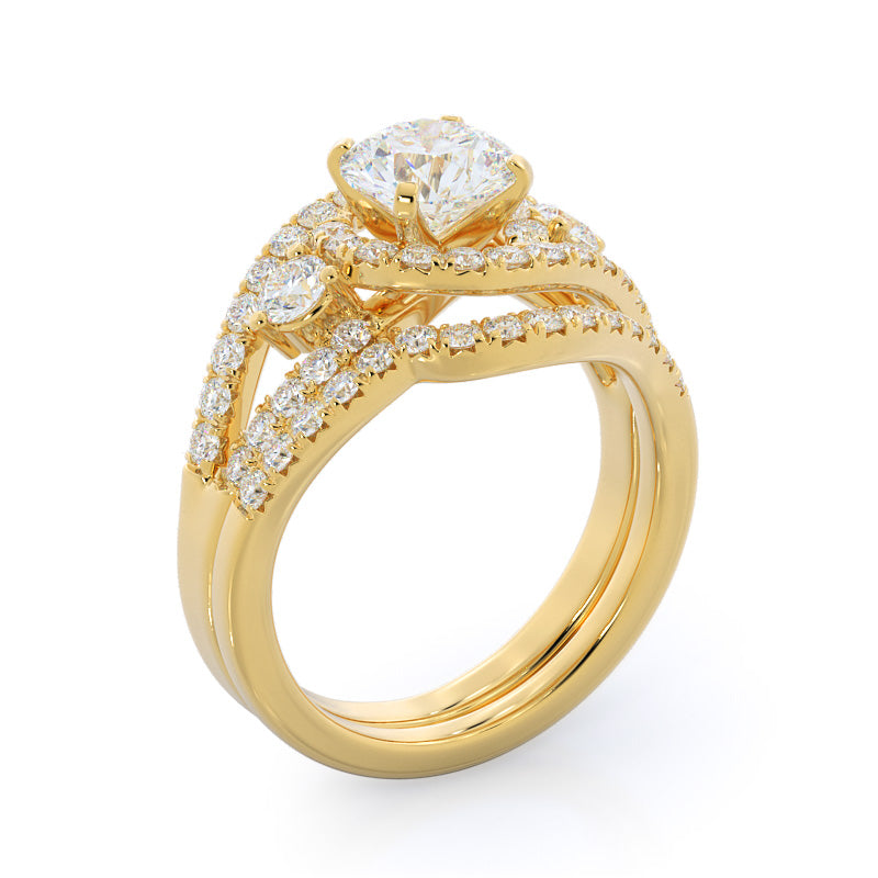 Twisting Halo Tristone Diamond Wedding Band with 18KT Yellow Gold Cut Diamond in 14KT Yellow Gold view 3
