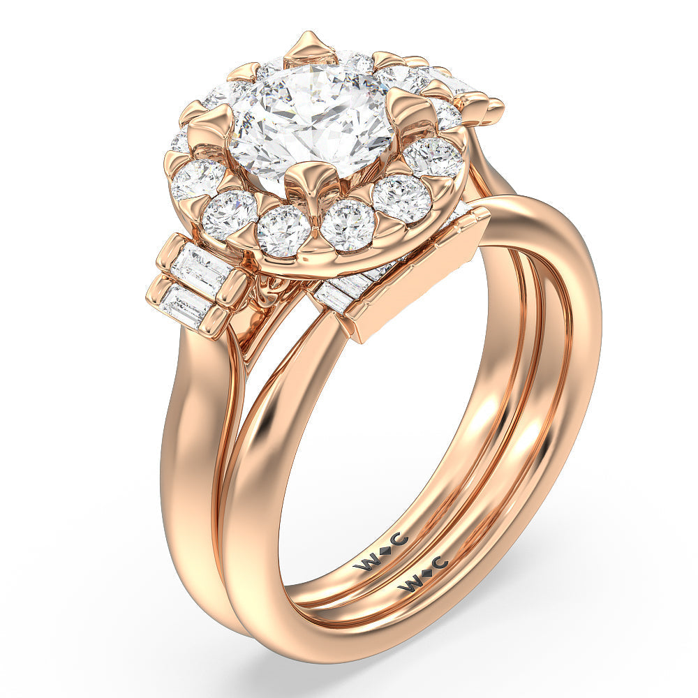 Vintage Glamour Deco Halo Diamond Wedding Band with 18KT Rose Gold Cut Diamond in 14KT Rose Gold view 3
