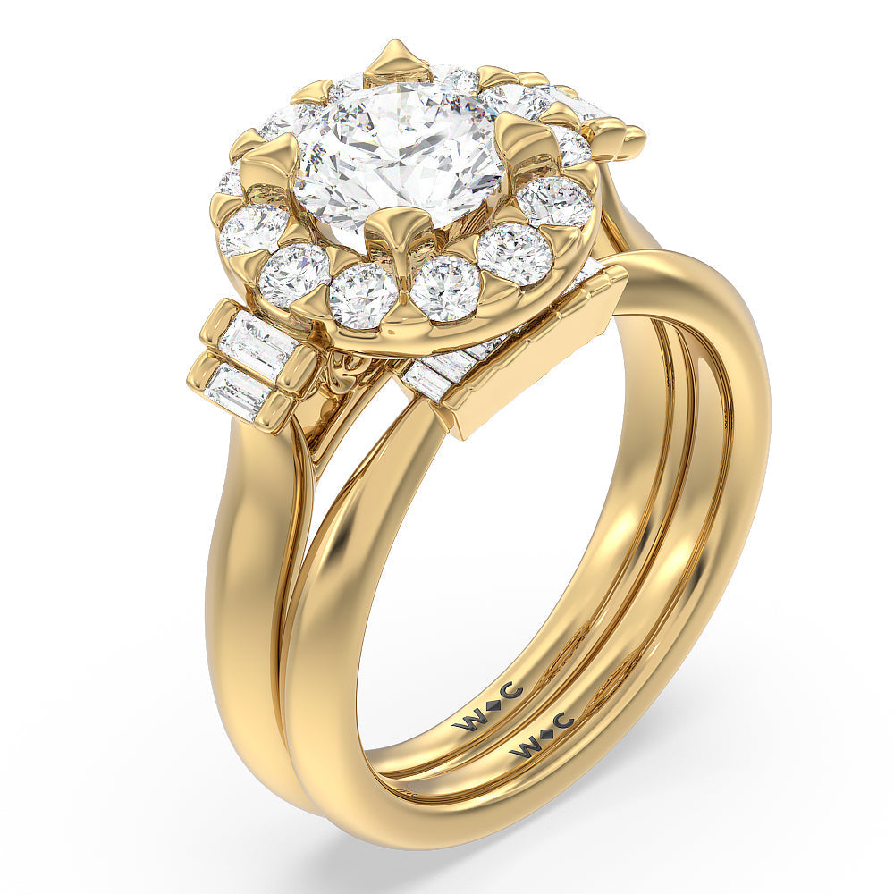 Vintage Glamour Deco Halo Diamond Wedding Band with 18KT Yellow Gold Cut Diamond in 14KT Yellow Gold view 3
