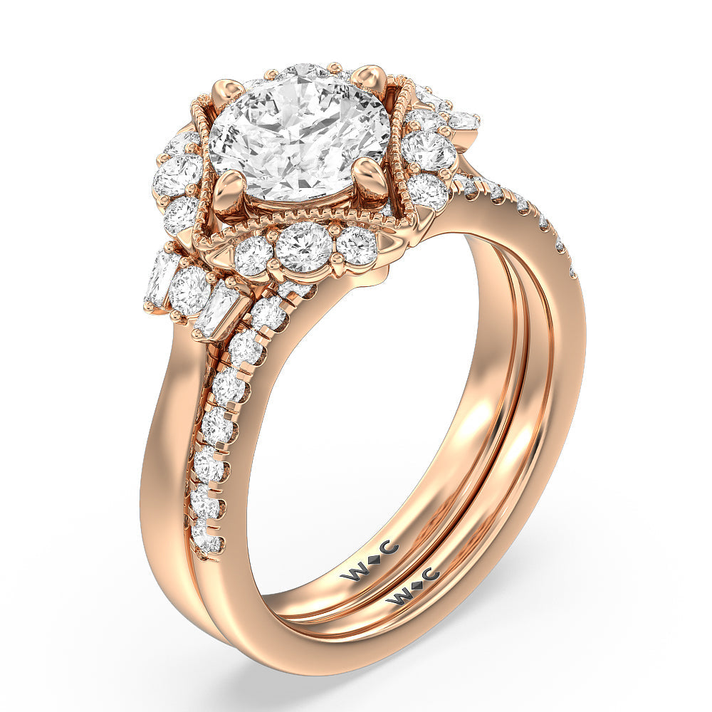 Vintage Glamour Classic Halo Diamond Wedding Band with 18KT Rose Gold Cut Diamond in 14KT Rose Gold view 4
