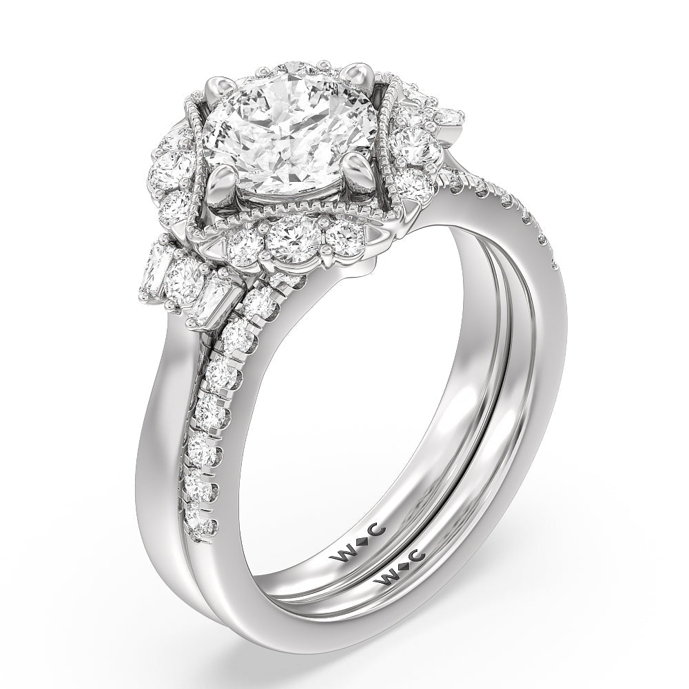 Vintage Glamour Classic Halo Diamond Wedding Band with Platinum Cut Diamond in 14KT Platinum view 4
