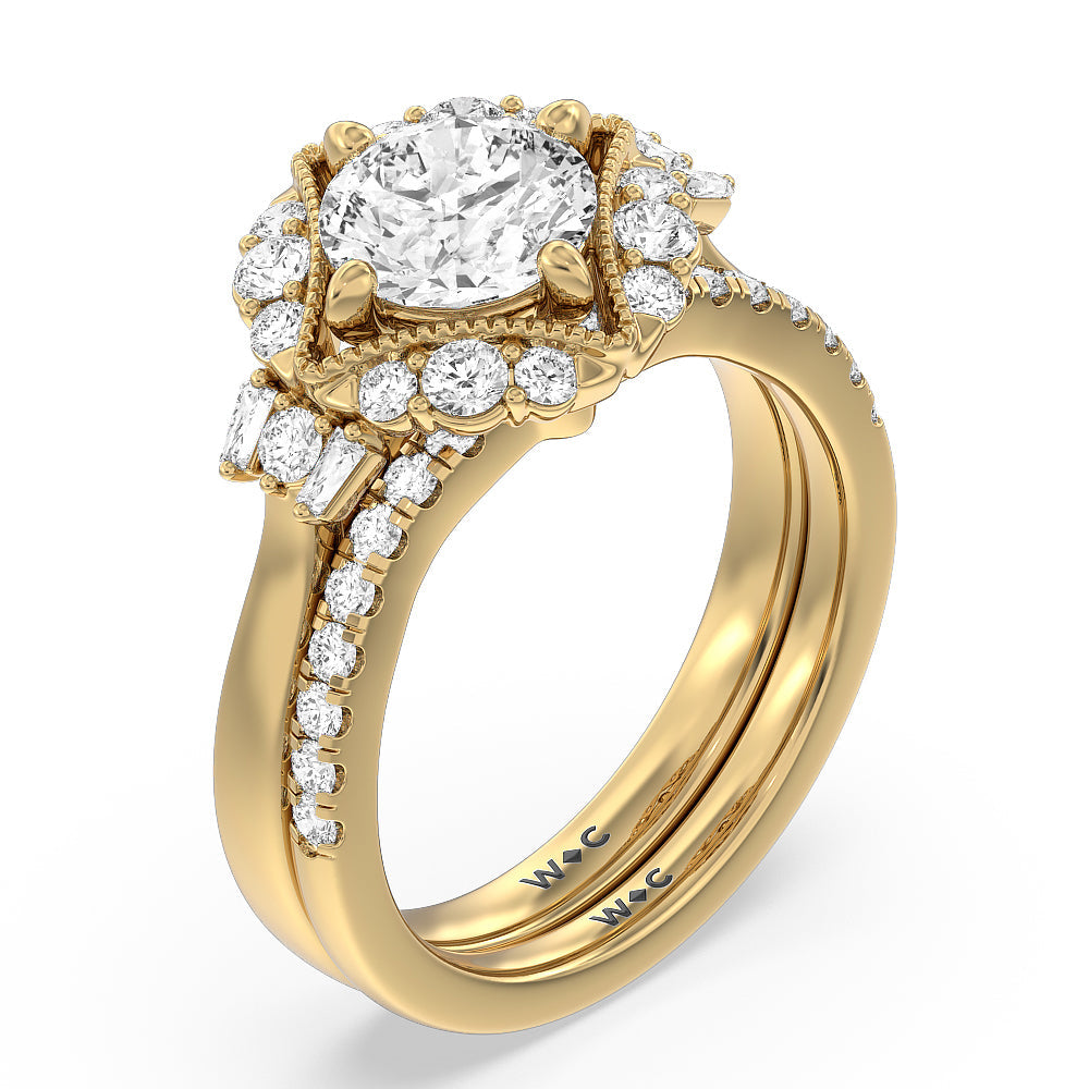Vintage Glamour Classic Halo Diamond Wedding Band with 18KT Yellow Gold Cut Diamond in 14KT Yellow Gold view 4
