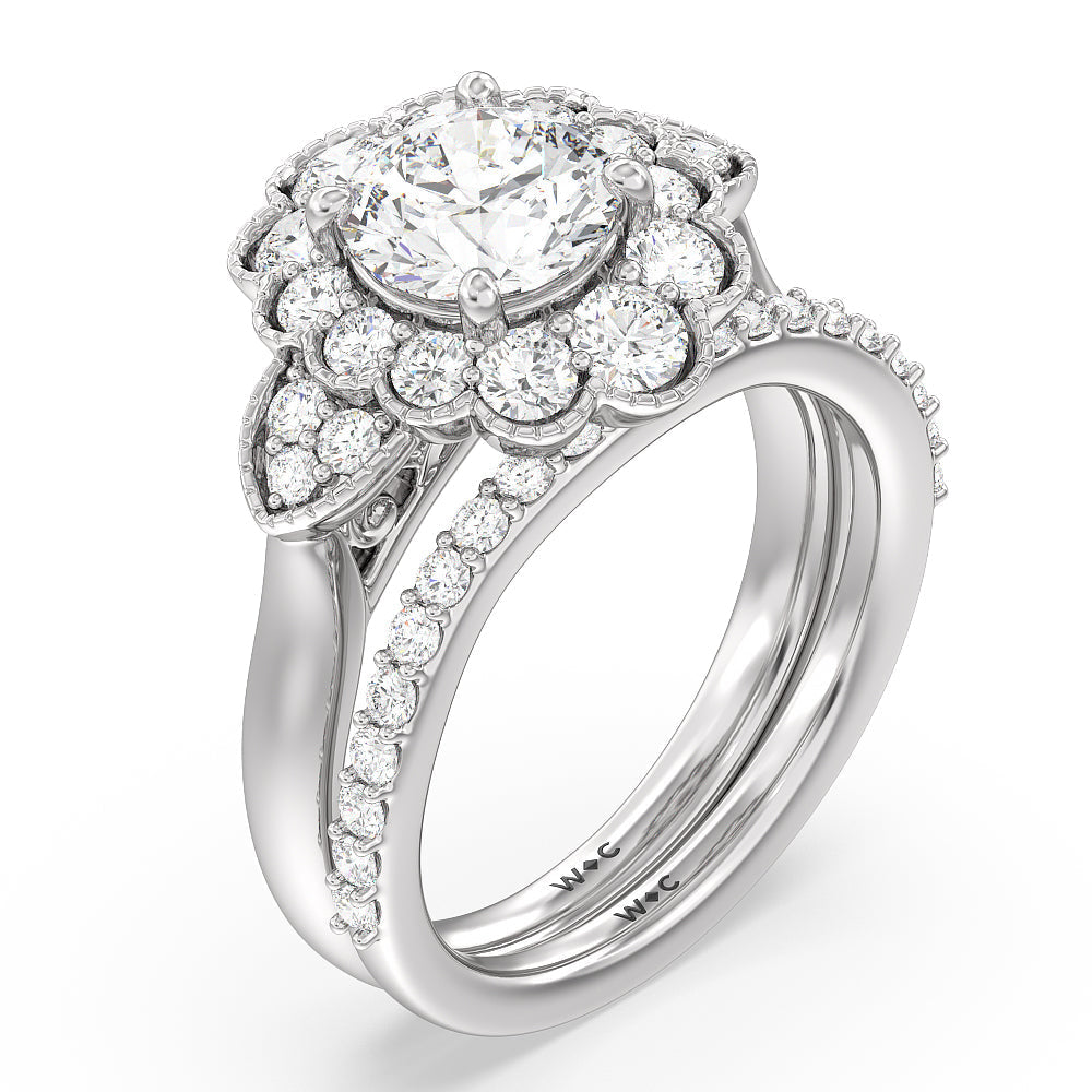 Vintage Spring Halo Diamond Wedding Band with Platinum Cut Diamond in 14KT Platinum view 3
