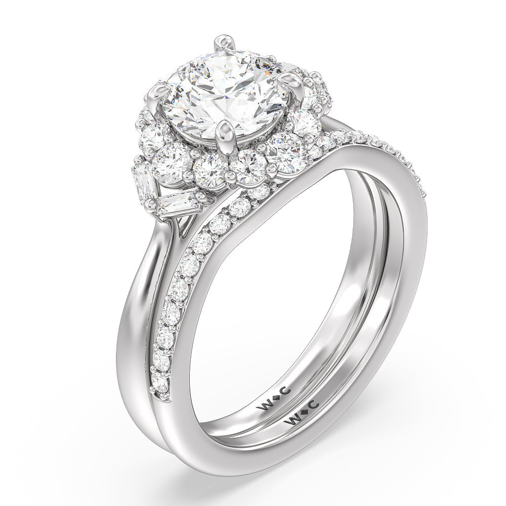 Vintage Glamour Halo Diamond Wedding Band with Platinum Cut Diamond in 14KT Platinum view 3
