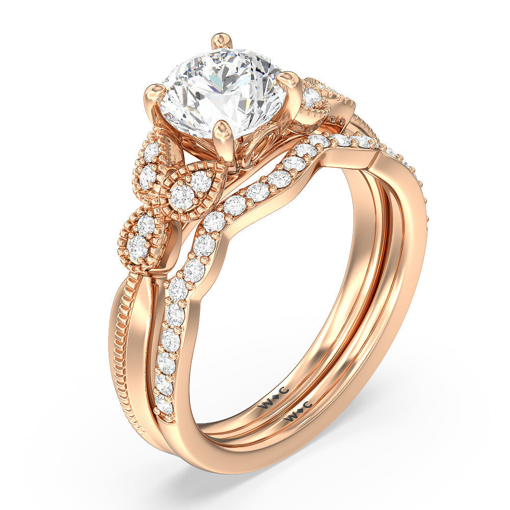 Vintage Filigree Leaf Diamond Wedding Band with 18KT Rose Gold Cut Diamond in 14KT Rose Gold view 3
