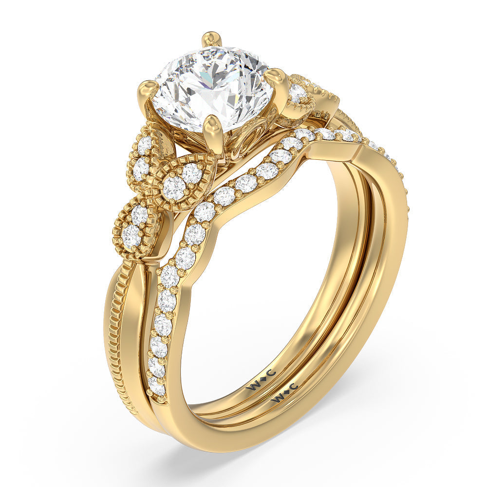 Vintage Filigree Leaf Diamond Wedding Band with 18KT Yellow Gold Cut Diamond in 14KT Yellow Gold view 3
