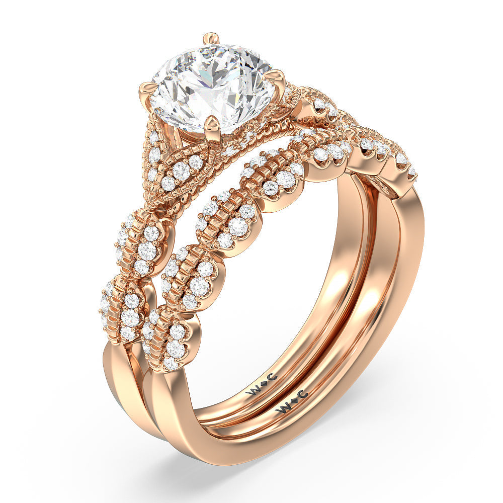 Vintage Filigree Petal Diamond Wedding Band with 18KT Rose Gold Cut Diamond in 14KT Rose Gold view 3

