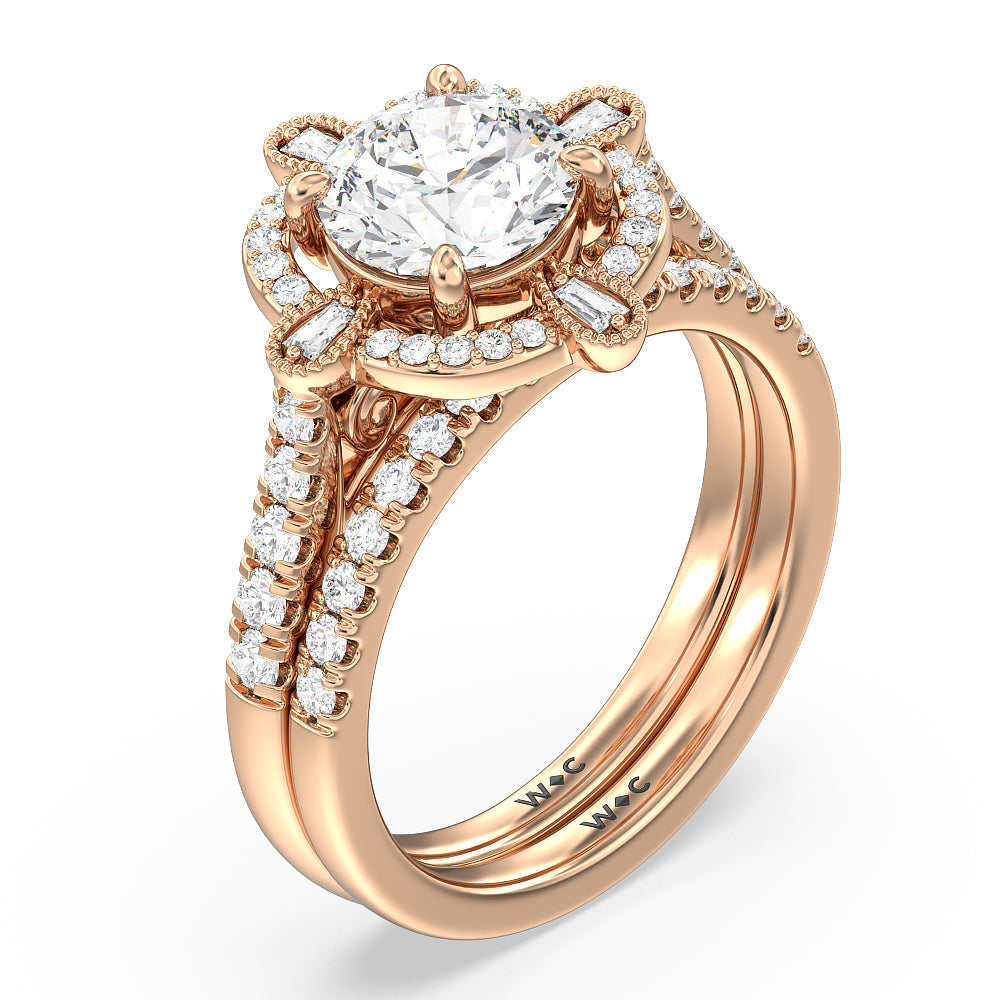 Vintage Royal Scepter Halo Diamond Wedding Band with 18KT Rose Gold Cut Diamond in 14KT Rose Gold view 3
