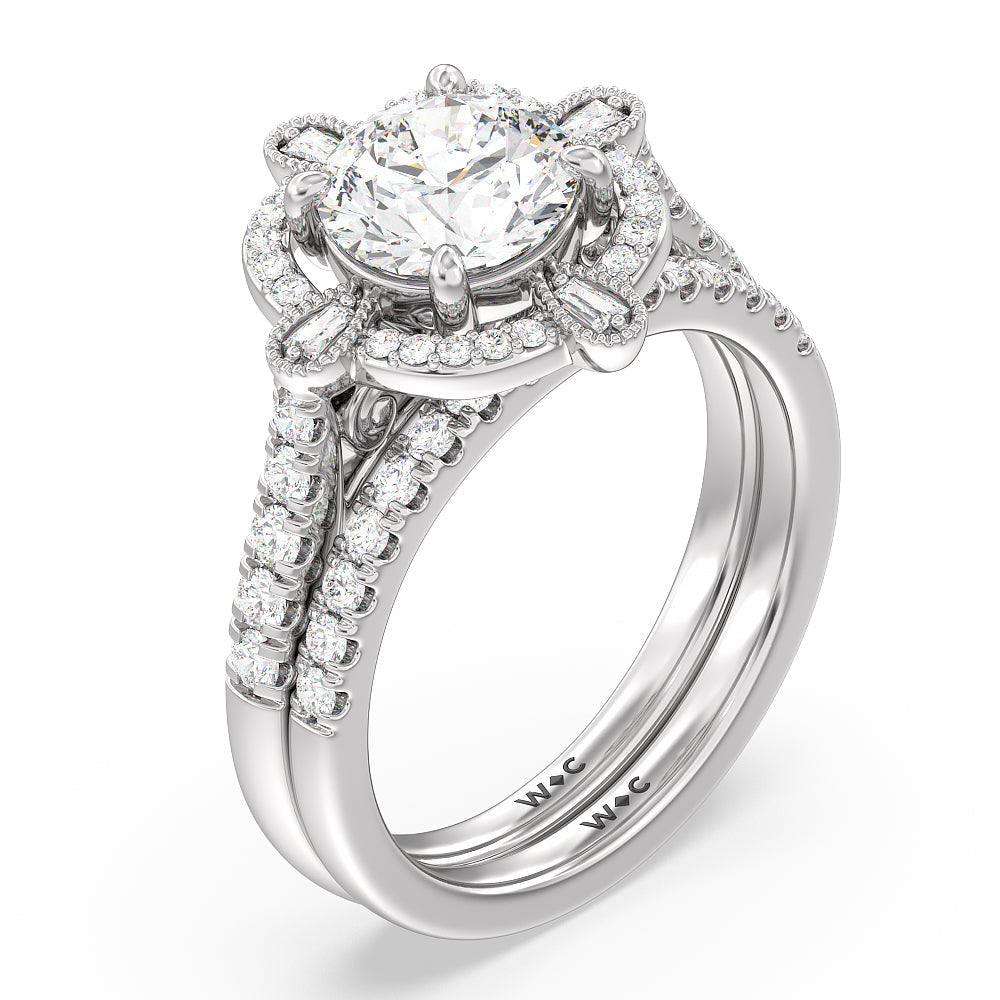 Vintage Royal Scepter Halo Diamond Wedding Band with Platinum Cut Diamond in 14KT Platinum view 3
