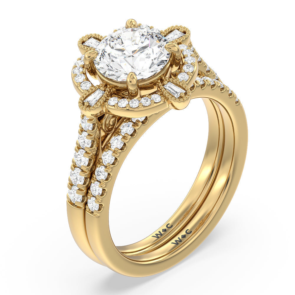 Vintage Royal Scepter Halo Diamond Wedding Band with 18KT Yellow Gold Cut Diamond in 14KT Yellow Gold view 3
