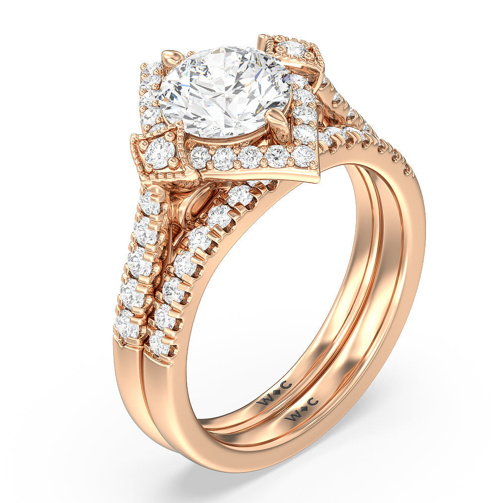 Vintage Royal Leaf Diamond Wedding Band with 18KT Rose Gold Cut Diamond in 14KT Rose Gold view 3
