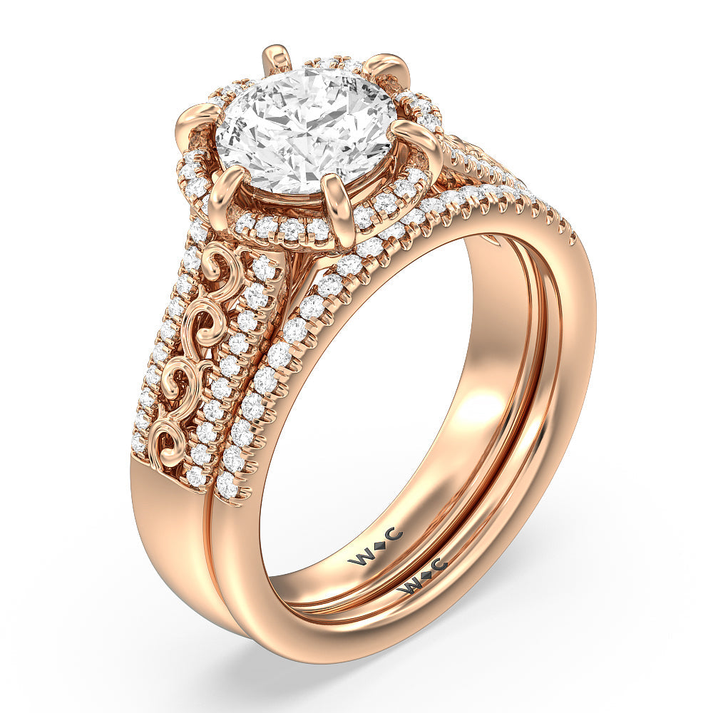 Vintage Filigree Floral Halo Diamond Wedding Band with 18KT Rose Gold Cut Diamond in 14KT Rose Gold view 4
