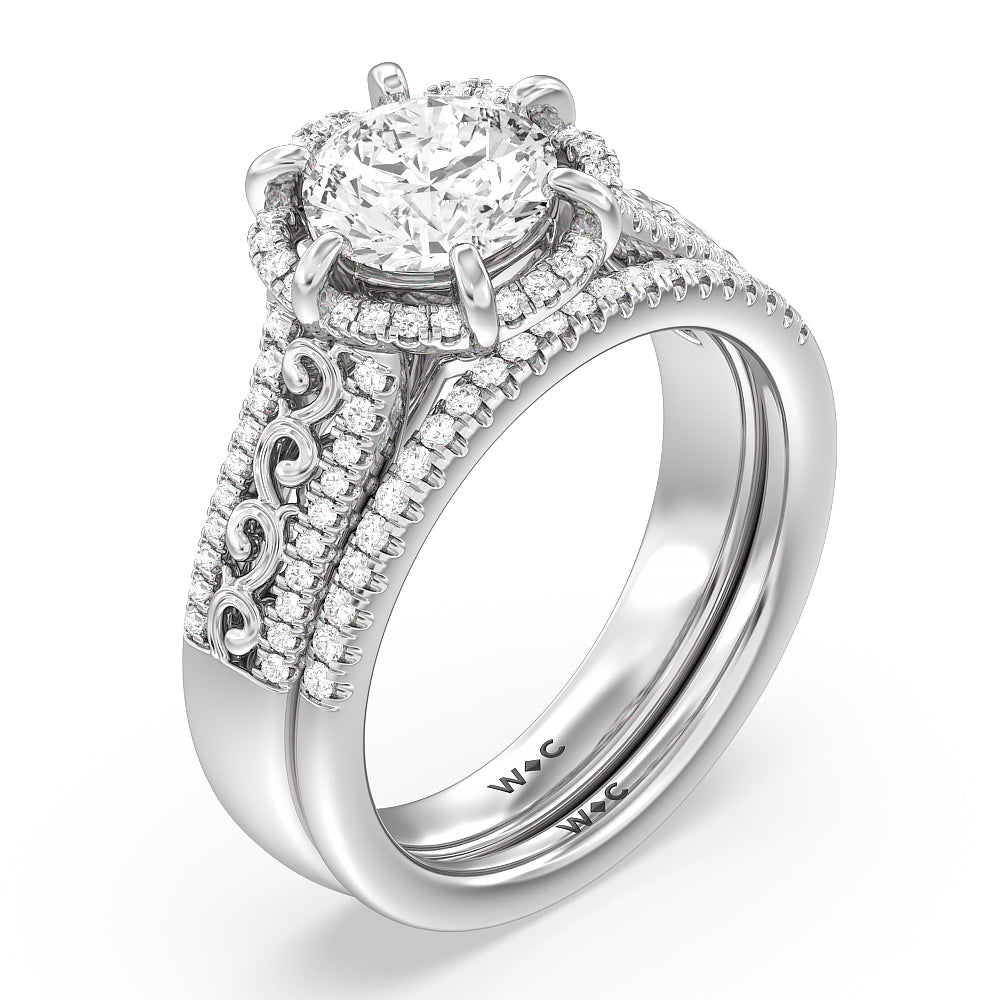 Vintage Filigree Floral Halo Diamond Wedding Band with Platinum Cut Diamond in 14KT Platinum view 4
