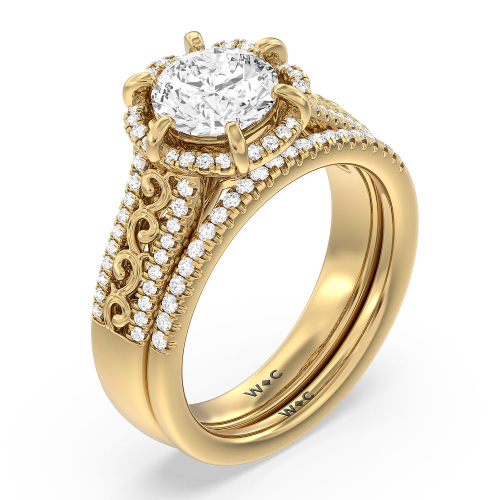 Vintage Filigree Floral Halo Diamond Wedding Band with 18KT Yellow Gold Cut Diamond in 14KT Yellow Gold view 4
