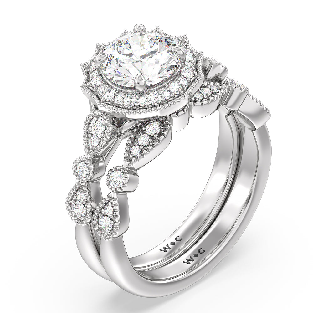 Vintage Royal Fancy Halo Diamond Wedding Band with Platinum Cut Diamond in 14KT Platinum view 3
