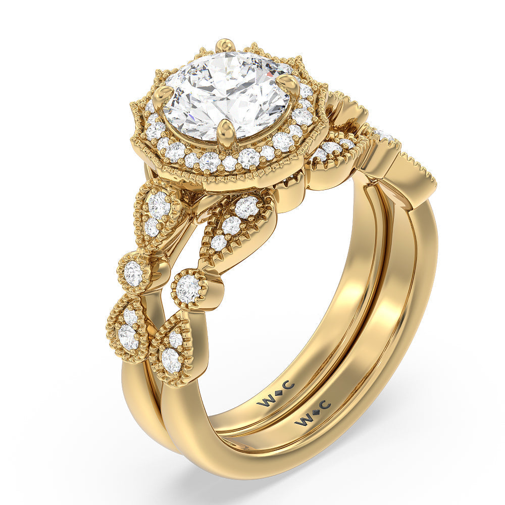 Vintage Royal Fancy Halo Diamond Wedding Band with 18KT Yellow Gold Cut Diamond in 14KT Yellow Gold view 3

