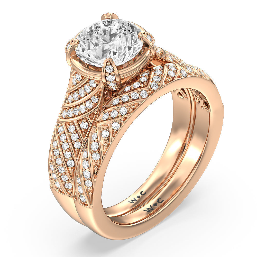 Vintage Pave Diamond Wedding Band with 18KT Rose Gold Cut Diamond in 14KT Rose Gold view 3
