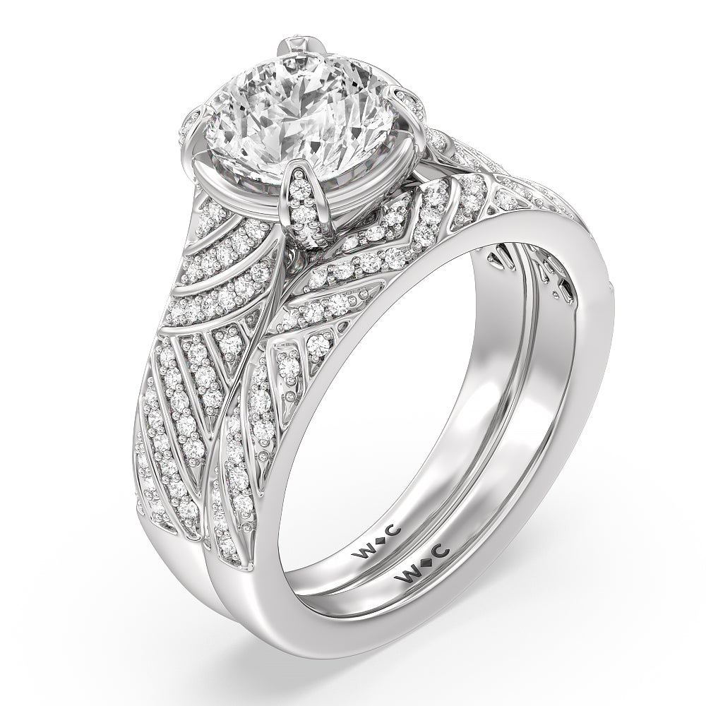 Vintage Pave Diamond Wedding Band with Platinum Cut Diamond in 14KT Platinum view 3
