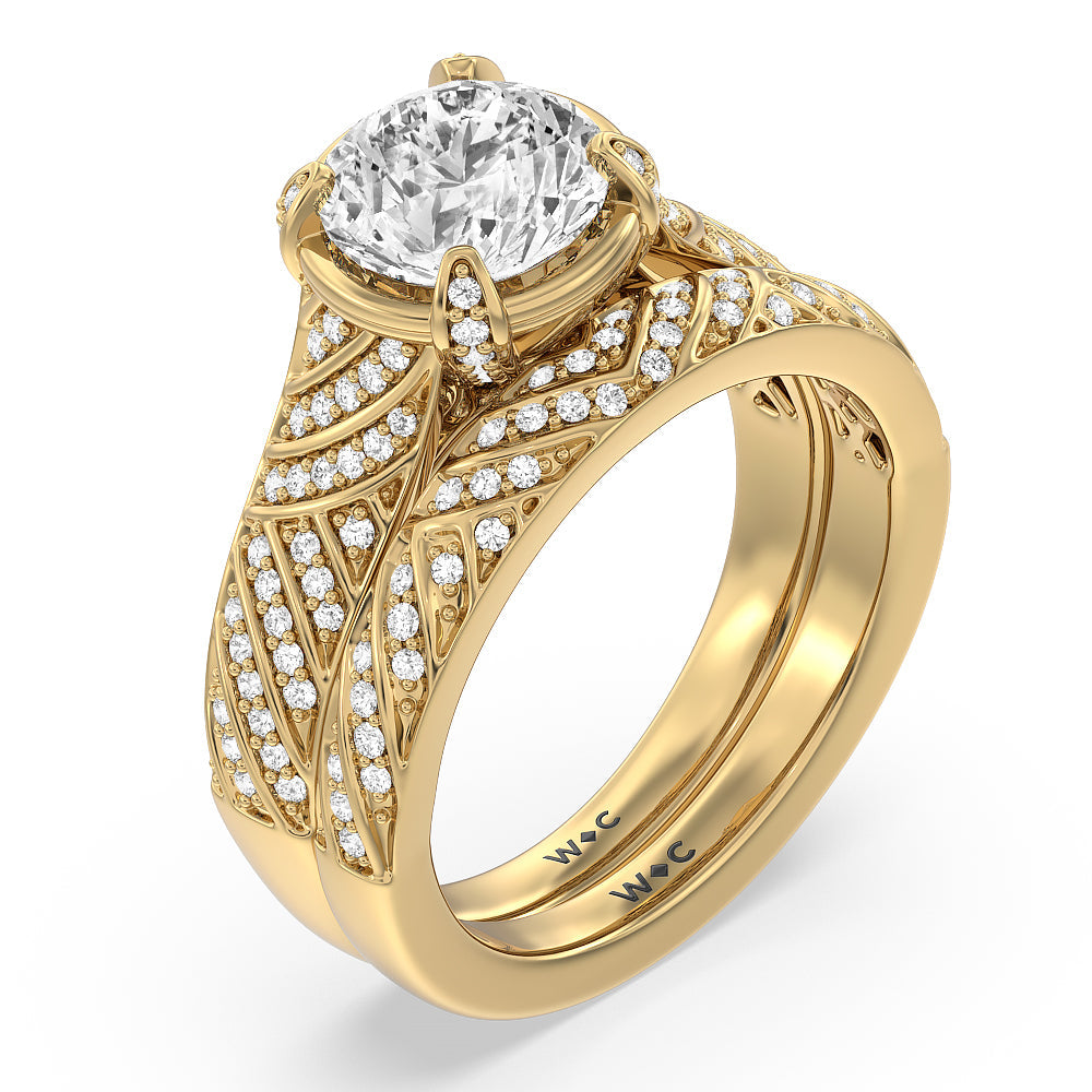 Vintage Pave Diamond Wedding Band with 18KT Yellow Gold Cut Diamond in 14KT Yellow Gold view 3
