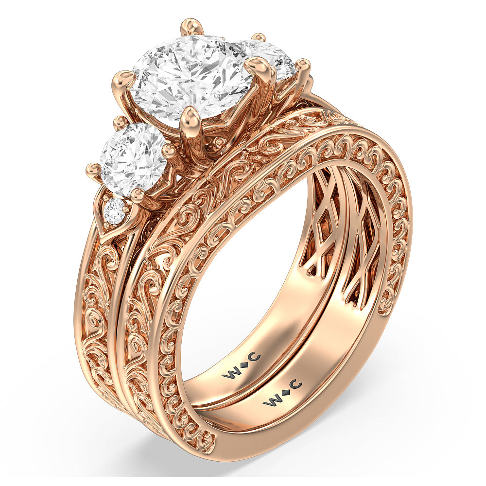 Vintage Carved Tulip Three Stone Wedding Band with 18KT Rose Gold Cut Diamond in 14KT Rose Gold view 4
