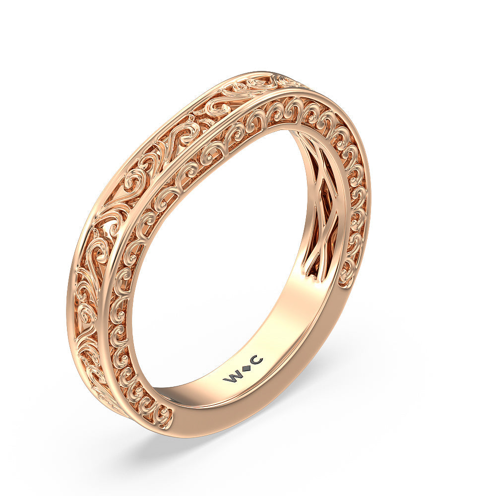 Vintage Carved Tulip Three Stone Wedding Band with 18KT Rose Gold Cut Diamond in 14KT Rose Gold view 2
