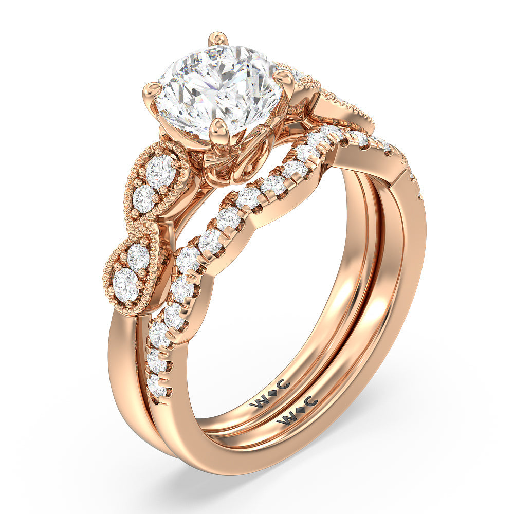 Vintage Art Deco Leaf Diamond Wedding Band with 18KT Rose Gold Cut Diamond in 14KT Rose Gold view 4
